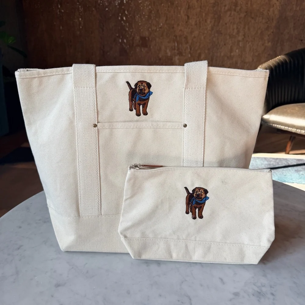 Dog Embroidered Canvas Tote + Pouch Set NWOT